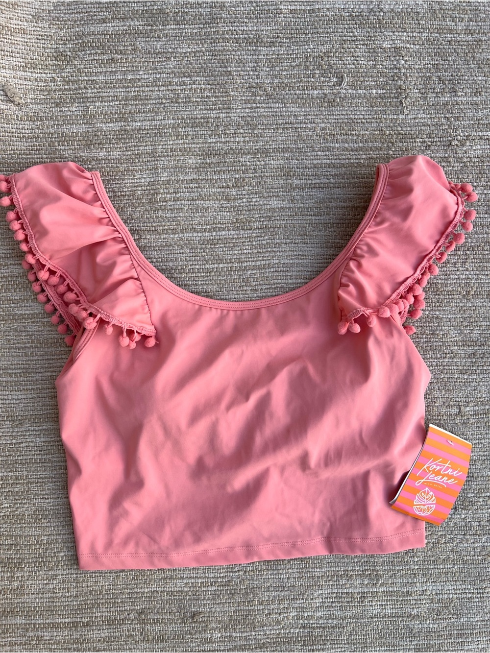 Kortni Jeane Pink Crop Ruffle Pom-Pom Shoulder Accent Swim Top size XL